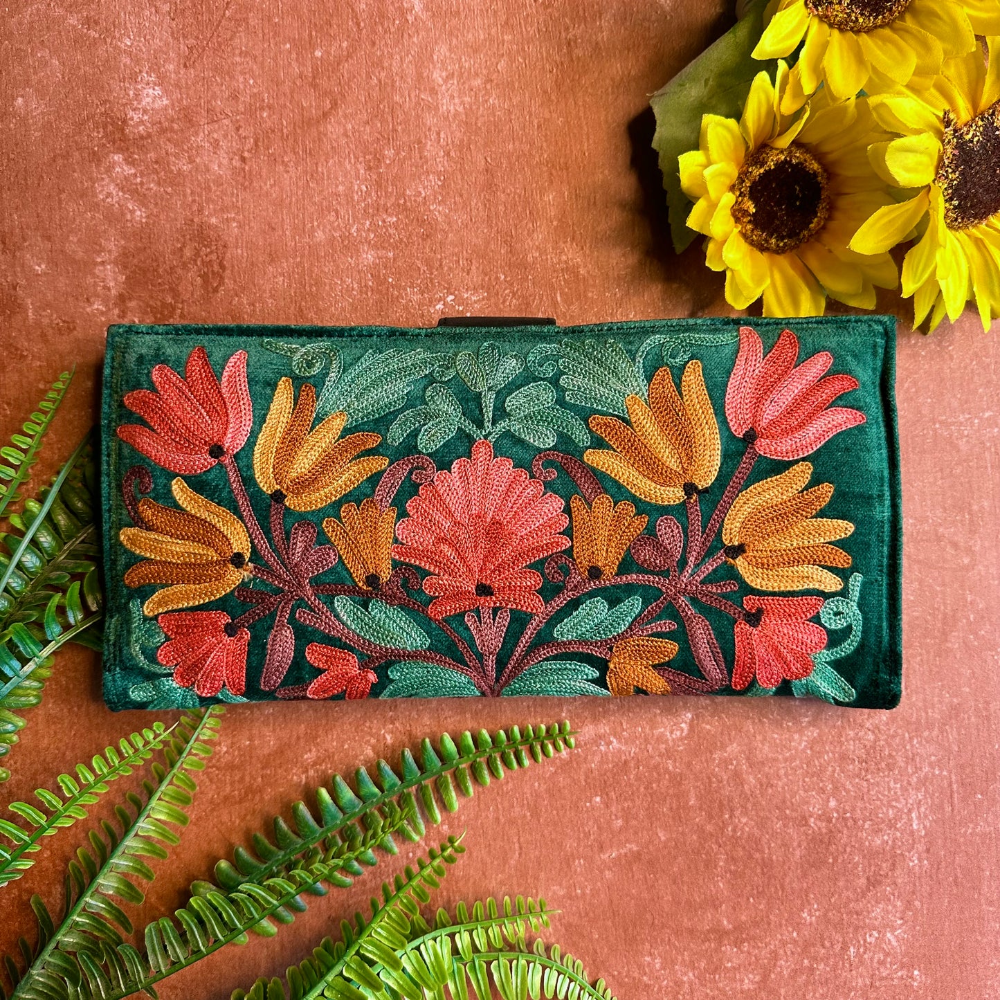 Forest Green floral Clutch